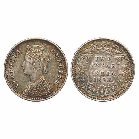 Victoria Empress, Silver, 2 Annas, 1893, Bombay Mint, B/II, 'B' incused. F. Prid 548. GK 7