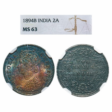 Victoria Empress, Silver, 2 Annas, 1894, Bombay Mint, B/II, 'B' incused. F. Prid 549. GK 8