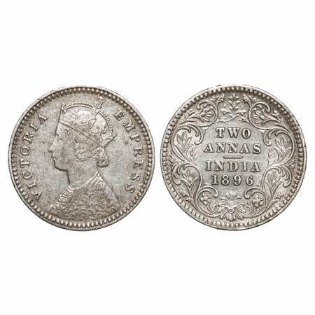 Victoria Empress, Silver, 2 Annas, 1896, Calcutta Mint, B/II, 'C' incused. F. Prid 511. GK