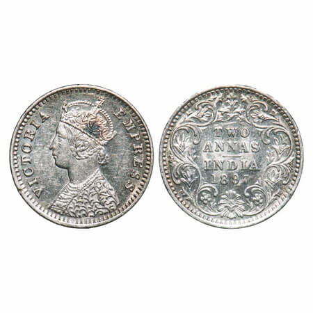 Victoria Empress, Silver, 2 Annas, 1897, Bombay Mint, B/II, 'B' incused. F. Prid 551. GK 8