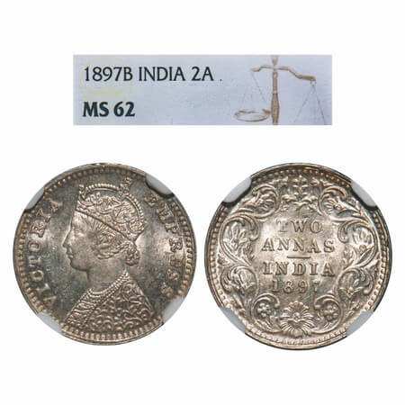 Victoria Empress, Silver, 2 Annas, 1897, Bombay Mint, B/II, 'B' incused. F. Prid 551. GK 8