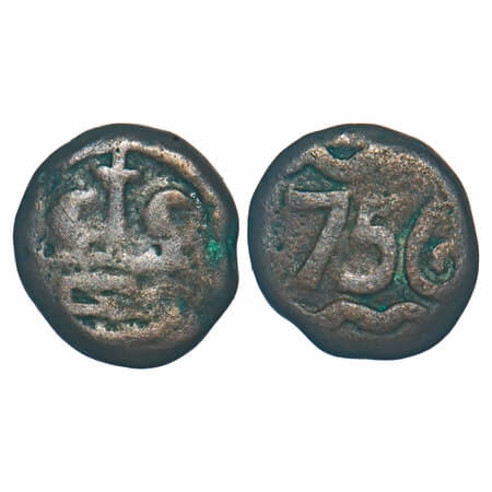 Madras Presidency, Copper Ten Cash/Dudu, 5.81g, 1756 AD, Obv: Balemark with in wavy lines 