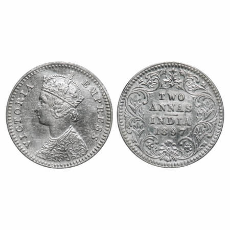 Victoria Empress, Silver, 2 annas, 1897, Calcutta Mint, B/II, 'C' incused. F. Prid 512. GK