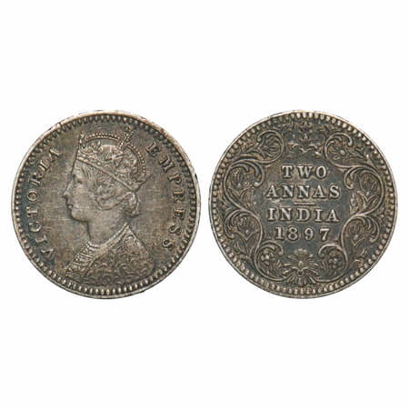 Victoria Empress, Silver, 2 Annas, 1897, Calcutta Mint, B/II, 'C' incused. F. Prid 512. GK
