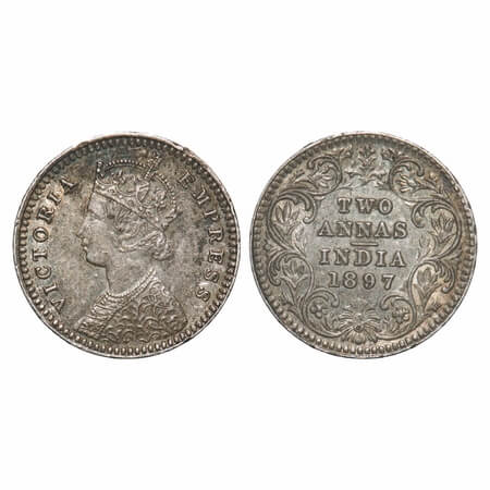 Victoria Empress, Silver, 2 Annas, 1897, Calcutta Mint, B/II, 'C' incused, A nick on Obv r