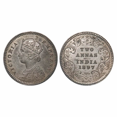 Victoria Empress, Silver, 2 annas, 1897, Calcutta Mint, B/II, 'C' incused. F. Prid 512. GK