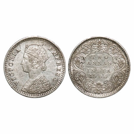 Victoria Empress, Silver, 2 Annas, 1900, Bombay Mint, B/I, 'B' raised. F. Prid 553. GK 812