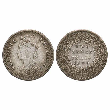 Victoria Empress, Silver, 2 Annas, 1900, Bombay Mint, B/I, 'B' raised. F. Prid 553. GK 812