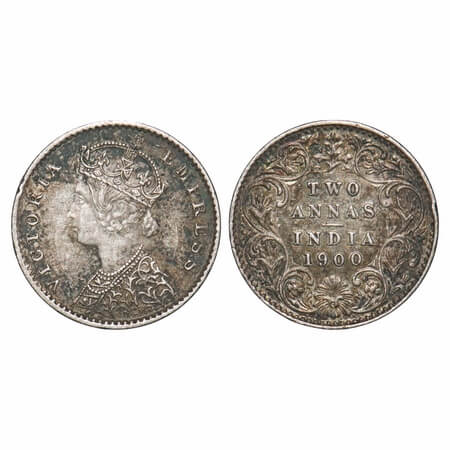 Victoria Empress, Silver, 2 Annas, 1900, Calcutta Mint, B/II, 'C' incused. F. Prid 514. GK