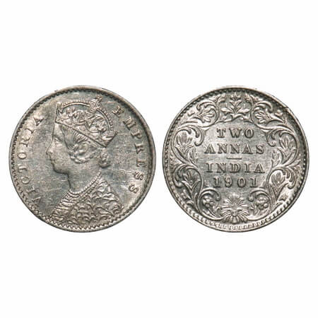Victoria Empress, Silver, 2 Annas, 1901, Calcutta Mint, B/II, 'C' incused. F. Prid 515. GK