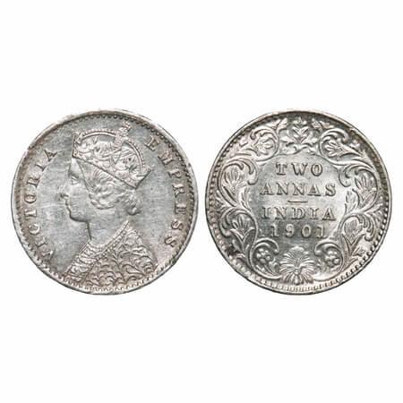 Victoria Empress, Silver, 2 Annas, 1901, Calcutta Mint, B/II, 'C' incused. F. Prid 515. GK