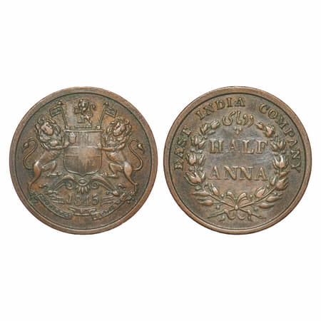 Victoria Queen, Copper, Half Anna, 1845, Calcutta Mint, Obv A, Cross bar of numeral 4 of y