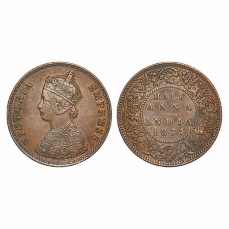 Victoria Empress, Copper, Half Anna, 1877, Bombay Mint, B/II, Narrow numeral 77. F. Prid 5