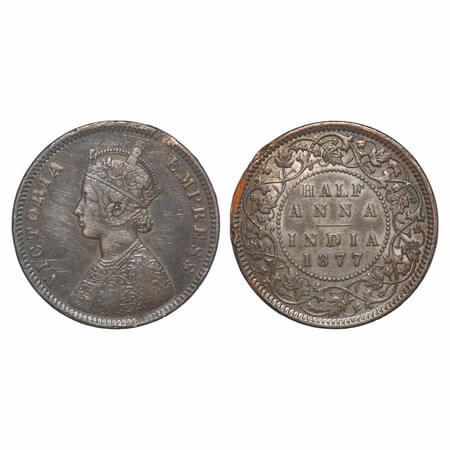Victoria Empress, Copper, Half Anna 1877, Calcutta Mint, C/II, Numeral '77' broad, Ex-Moun
