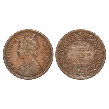 Victoria Queen, Copper, Quarter Anna, 1876, Bombay Mint, A/I, No mint mark. F. Prid 636. G