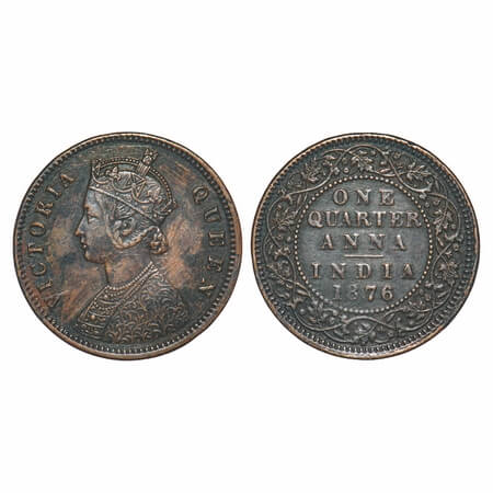 Victoria Queen, Copper, Quarter Anna, 1876, Calcutta Mint, B/II, No mint mark. F. Prid 610