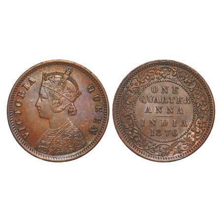 Victoria Queen, Copper, Quarter Anna, 1876, Calcutta Mint, B/II, No mint mark. F. Prid 610