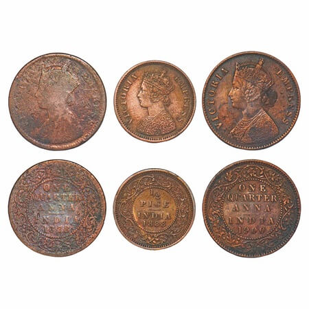 Victoria Empress, Copper, (3 coins), 1) Quarter Anna, 1878, Calcutta Mint, B/II, No mint m