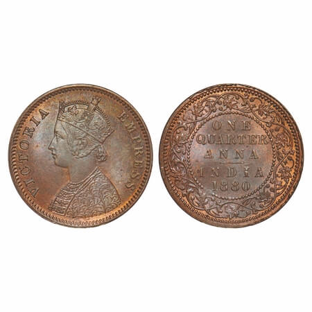 Victoria Empress, Copper, Quarter Anna, 1880, Calcutta Mint, B/II, No mint mark. F. Prid U
