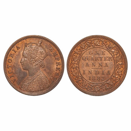 Victoria Empress, Copper, Quarter Anna, 1882, Calcutta Mint, B/II, 'C' incused. F. Prid 61