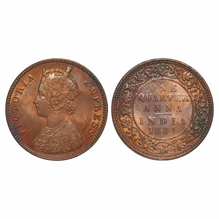 Victoria Empress, Copper, Quarter Anna, 1884, Calcutta Mint, B/II, 'C' incused. F. Prid 61