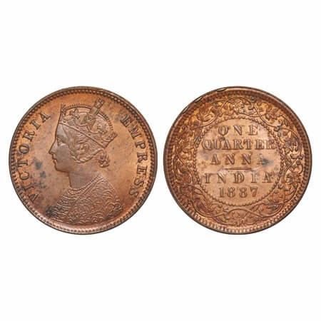 Victoria Empress, Copper, Quarter Anna, 1887, Calcutta Mint, B/II, 'C' incused. F. Prid 62
