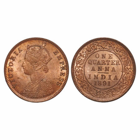 Victoria Empress, Copper, Quarter Anna, 1891, Calcutta Mint, B/II, No mint mark, Die crack