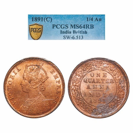 Victoria Empress, Copper, Quarter Anna, 1891, Calcutta Mint, B/II, No mint mark. F. Prid 6