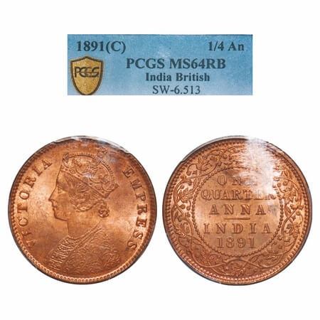 Victoria Empress, Copper, Quarter Anna, 1891, Calcutta Mint, B/II, No mint mark. F. Prid 6