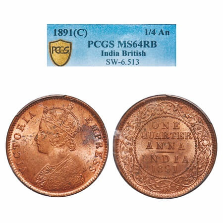Victoria Empress, Copper, Quarter Anna, 1891, Calcutta Mint, B/II, No mint mark, 11'o cloc