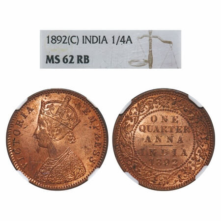 Victoria Empress, Copper, Quarter Anna, 1892, Calcutta Mint, B/II, No mint mark. F. Prid 6