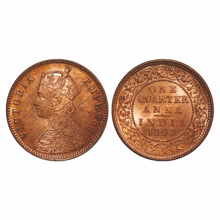 Victoria Empress, Copper, Quarter Anna, 1893, Calcutta Mint, B/II, No mint mark. F. Prid 6