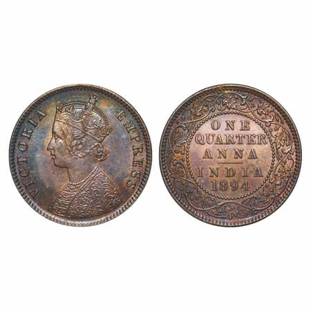Victoria Empress, Copper, Quarter Anna, 1894, Calcutta Mint, B/II, No mint mark. F. Prid 6
