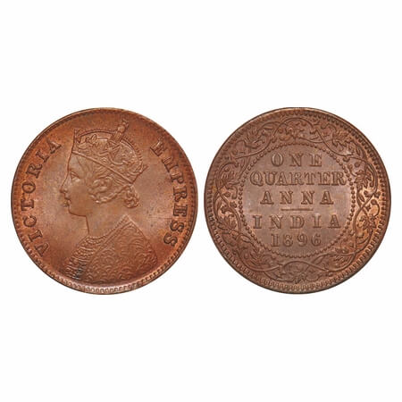 Victoria Empress, Copper, Quarter Anna, 1896, Calcutta Mint, B/II, No mint mark, Ghost on 