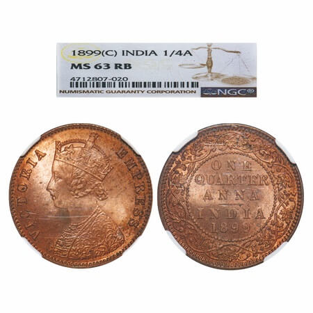Victoria Empress, Copper, Quarter Anna, 1899, Calcutta Mint, B/II, No mint mark. F. Prid 6
