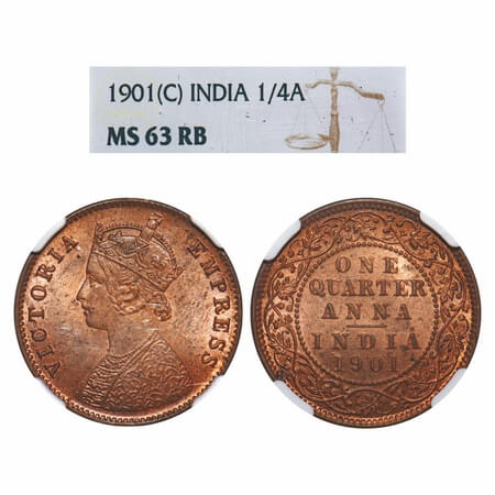 Victoria Empress, Copper, Quarter Anna, 1901, Calcutta Mint, B/II, No mint mark. F. Prid 6
