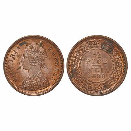 Victoria Empress, Copper, 1/2 Pice, 1886, Calcutta Mint, A/I, No mint mark. F. Prid 718. G