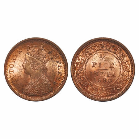 Victoria Empress, Copper, 1/2 Pice, 1890, Calcutta Mint, A/I, No mint mark. F. Prid 722. G