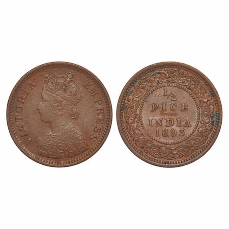 Victoria Empress, Copper, 1/2 Pice, 1893, Calcutta Mint, A/I, No mint mark. F. Prid726. GK