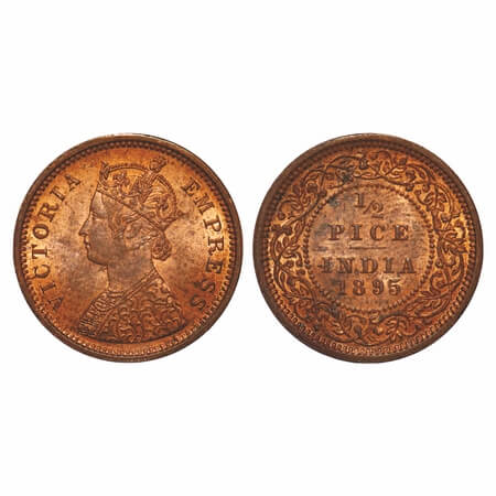 Victoria Empress, Copper, 1/2 Pice, 1895, Calcutta Mint, A/I, No mint mark. F. Prid 728. G
