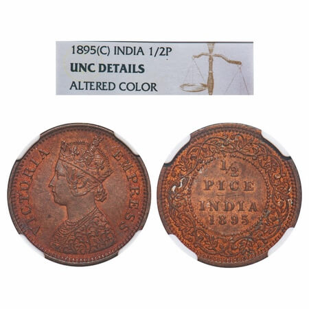 Victoria Empress, Copper, 1/2 Pice, 1895, Calcutta Mint, A/I, No mint mark. F. Prid 728. G