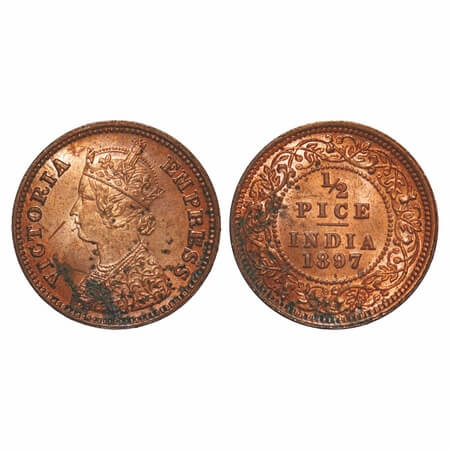 Victoria Empress, Copper, 1/2 Pice, 1897, Calcutta Mint, A/I, No mint mark. F. Prid 730. G