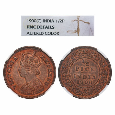 Victoria Empress, Copper, 1/2 Pice, 1900, Calcutta Mint, A/I, No mint mark. F. Prid 733. G