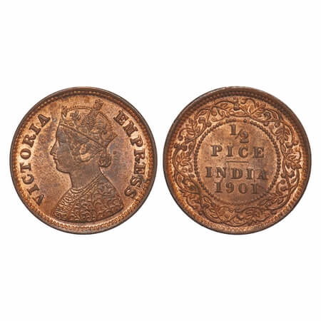Victoria Empress, Copper, 1/2 Pice, 1901, Calcutta Mint, A/I, No mint mark, Ghost on Rev. 