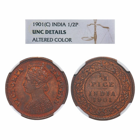 Victoria Empress, Copper, 1/2 Pice, 1901, Calcutta Mint, A/I, No mint mark. F. Prid 734. G