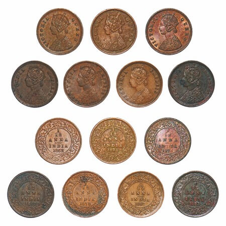 Victoria Queen & Empress, Copper, 1/12 Anna, (lot of 7 coins), 1) 1862, Calcutta Mint, A/I