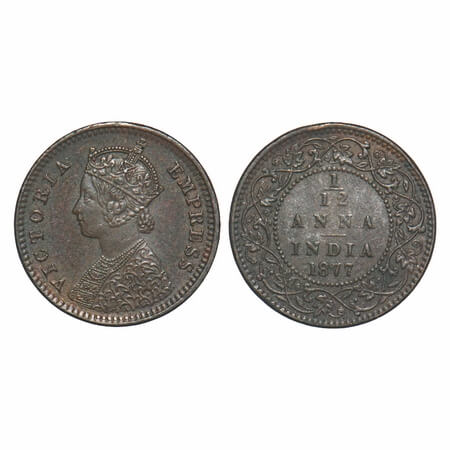 Victoria Empress, Copper, 1/12 Anna, 1877, Calcutta Mint, Obv B, No mint mark. F. Prid 786