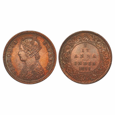 Victoria Empress, Copper, 1/12 Anna, 1877, Calcutta Mint, Obv B, No mint mark. F. Prid 786