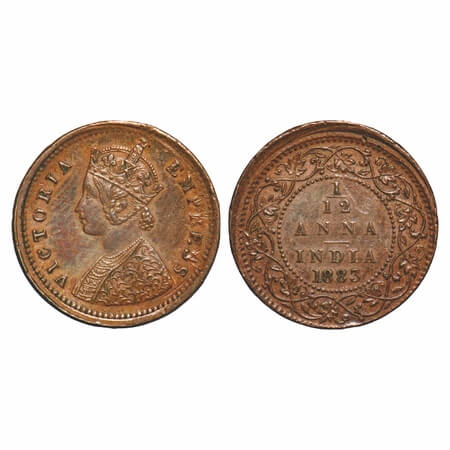 Victoria Empress, Copper, 1/12 Anna, 1883, Bombay Mint, Obv A, No mint mark, Mis aligned d