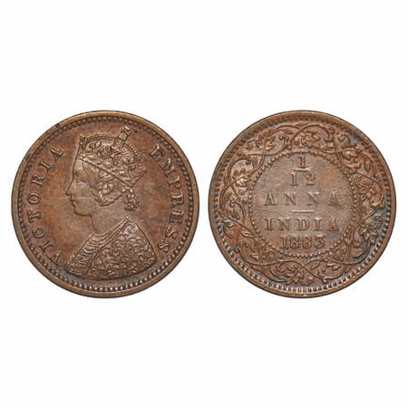 Victoria Empress, Copper, 1/12 Anna, 1883, Bombay Mint, Obv A, No mint mark. F. Prid 811. 